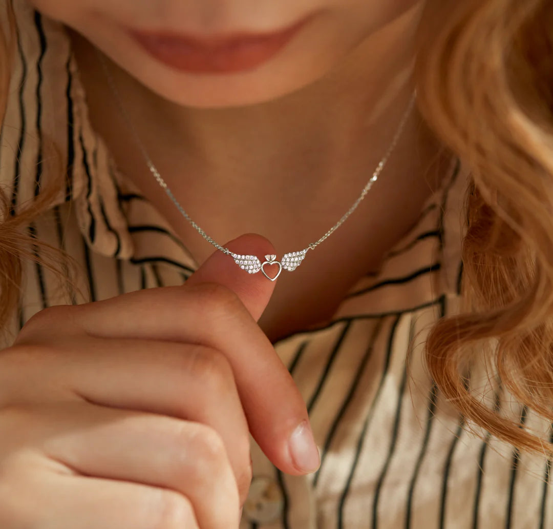 SPREAD YOUR WINGS AND FLY HEART AND ANGEL WINGS NECKLACE